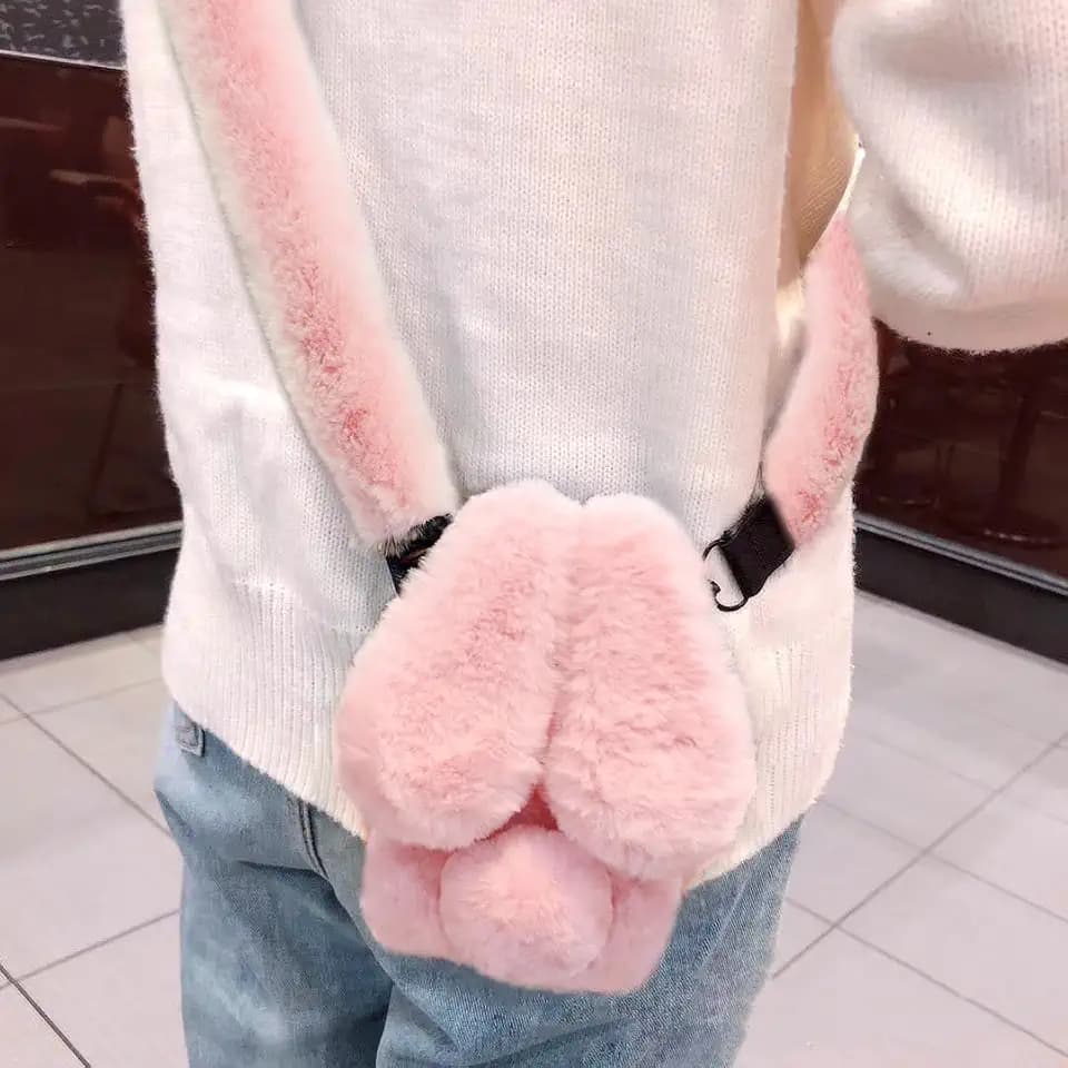 Compatible with iPhone 17 Case for Women Girls Plush Rabbit Soft Warm Fluffy Furry Bunny Ear Fur Cover with Crossbody Neck Chain Protective Bling Crystal Diamond Girly