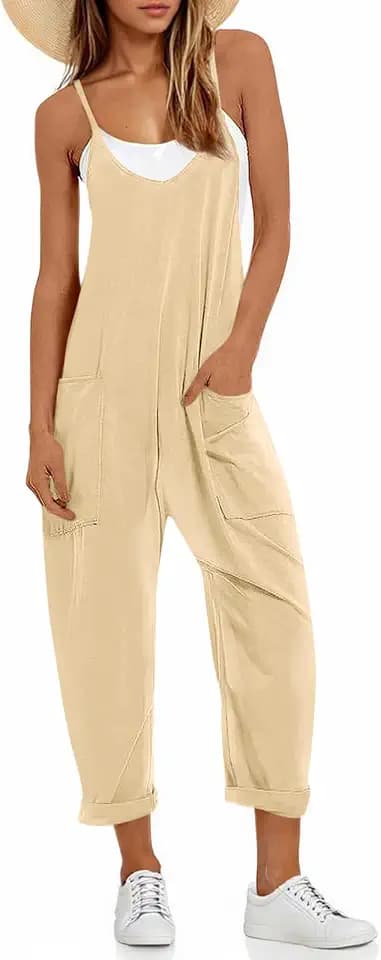 Fisoew Women's Summer Sleeveless Loose Casual V Neck Jumpsuits Spaghetti Strap Long Pants Baggy Overalls with Pockets