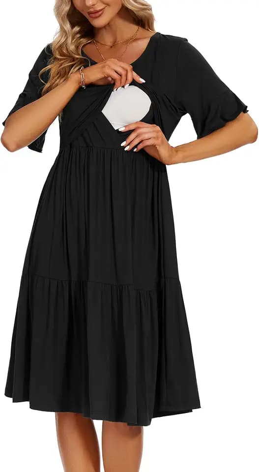 Smallshow Damen Stillkleid Kurzarm Rüschen Umstandskleid Umstandsmode