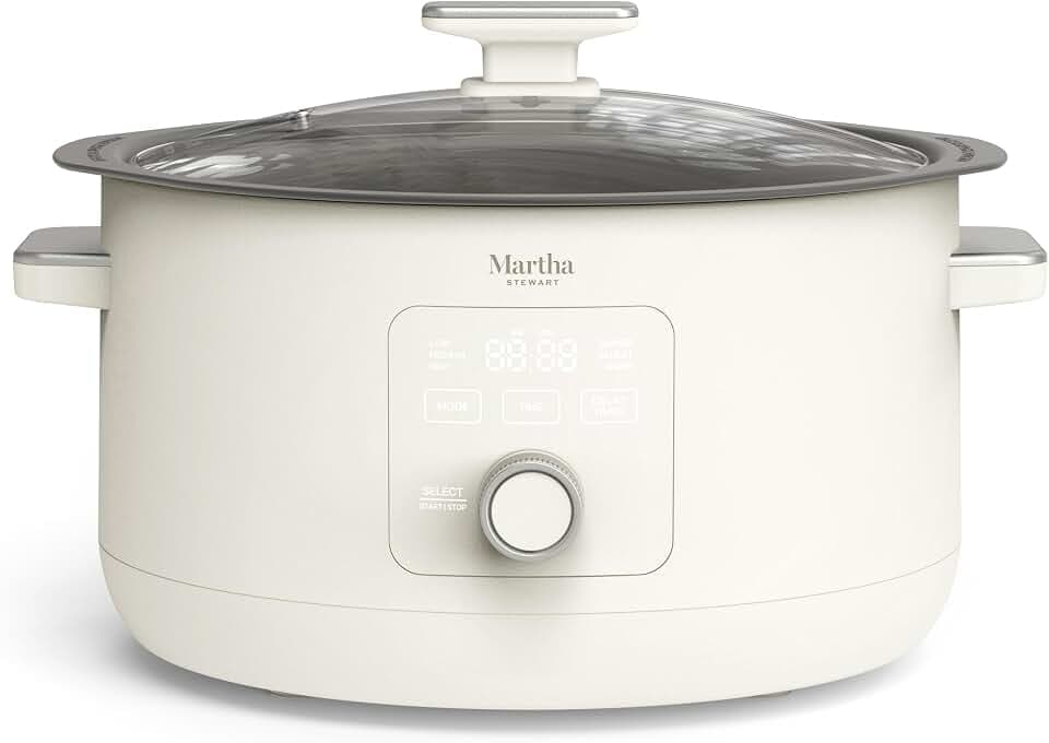 Martha Stewart 8 Quart Slow Cooker, Ceramic Nonstick Crock, Linen Cream