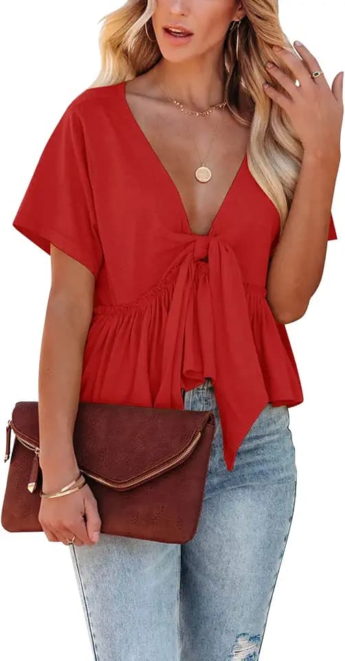 Fanway&EC Women's Short Sleeve V Neck Blouses Ruffle Hem Tie Front Crop Tops Lightweight Basic Summer Tops