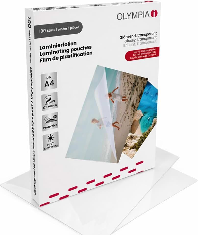 OLYMPIA Laminierfolie 100 X DIN A4 125 Mikron | Kristallklarer Schutz für Fotos & Speisekarten. Reißfest und kompatibel mit allen Heißlaminiergeräten bis 21 cm Breite