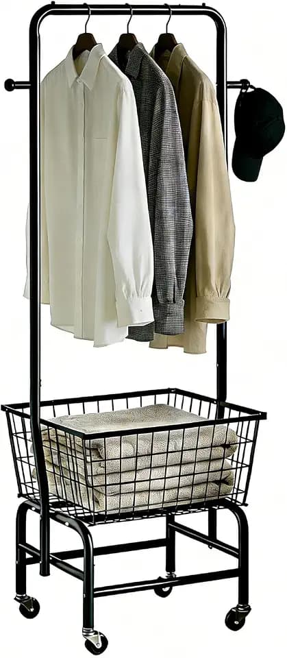 Laundry Basket With Wheels Rolling Laundry Cart with Hanging Rack