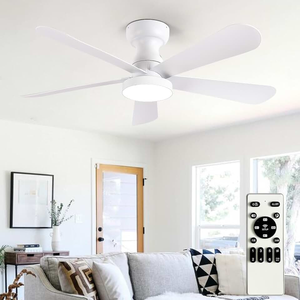 Depuley Small Ceiling Fan with Lights: 42-Inch Flush Mount Fan with Light and Remote - White Low Profile Ceiling Fans Reversible Quiet DC Motor for Bedroom Living Room Indoor Outdoor