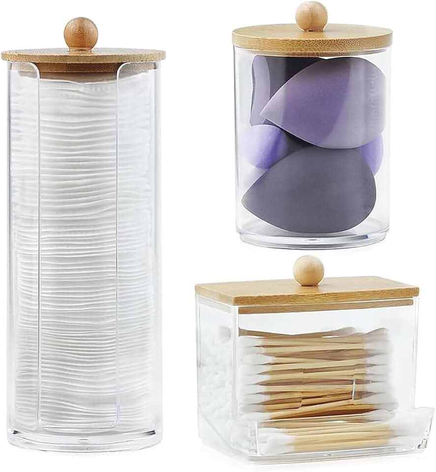 3 Stück Wattestäbchen Behälter, Wattepads Aufbewahrung mit Bambusdeckeln, Wattepadspender, Transparent Kosmetik Schminktisch Zubehör, für Schminktische, Wohnzimmer und Badezimmer