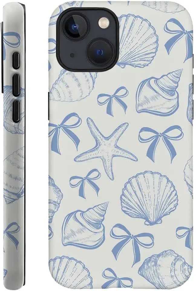 DAIZAG Case Compatible with iPhone 15,Fit Shockproof Cover for Women Girls,Blue Seashell Bow