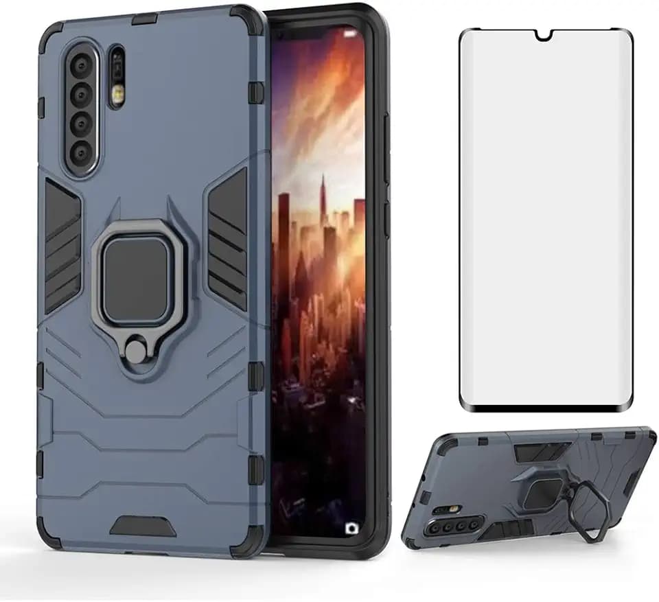 Phone Case for Huawei P30 Pro with Tempered Glass Screen Protector Cover and Magnetic Ring Holder Stand Kickstand Slim Hard Cell Accessories Huwai Hawaii Hwauei Haweii P 30 30pro Men Women Cases Blue