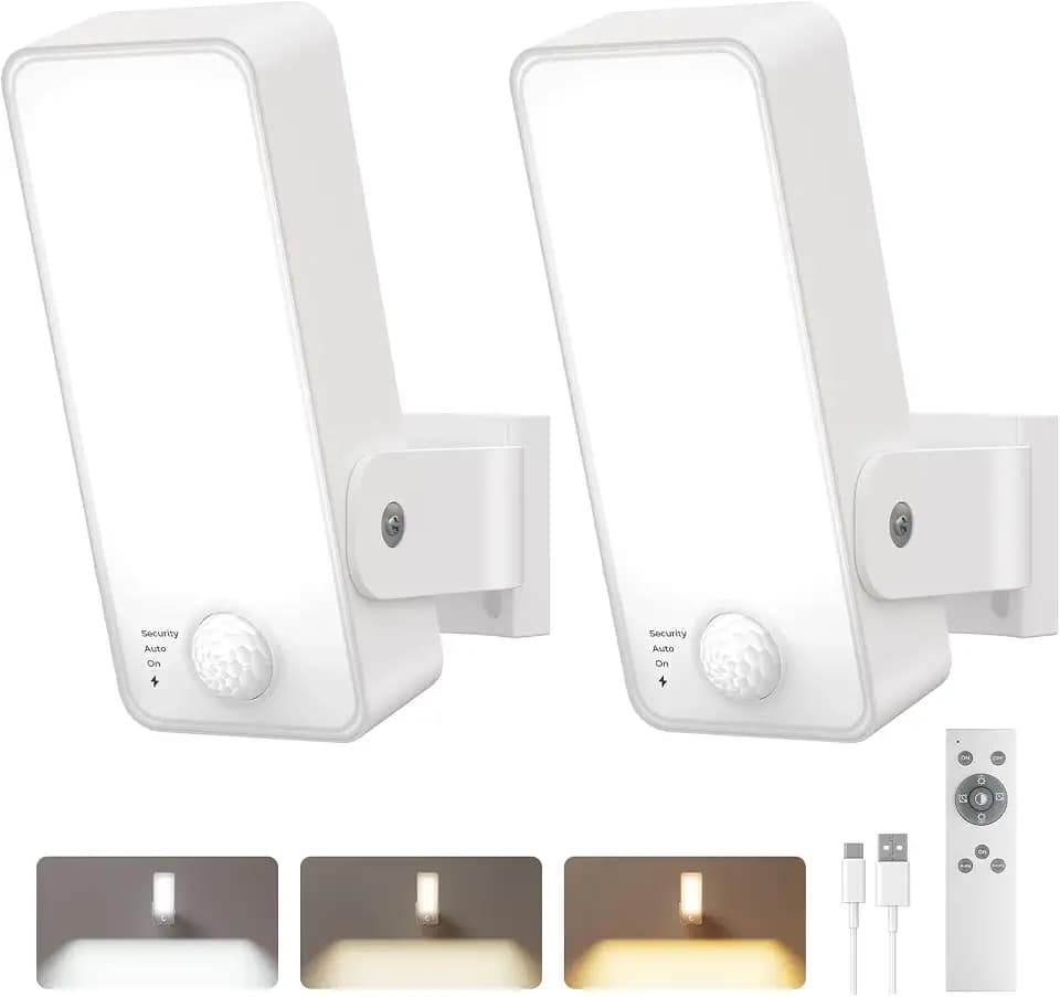 2 Pack Motion Sensor Outdoor Lights, 10000mAh Rechargeable 600 Lumen Battery Operated Outdoor Wall Lights with 3 Modes, 3 Colors, IP65 Waterproof Outdoor Security Lights for Fences, Garage, Patio