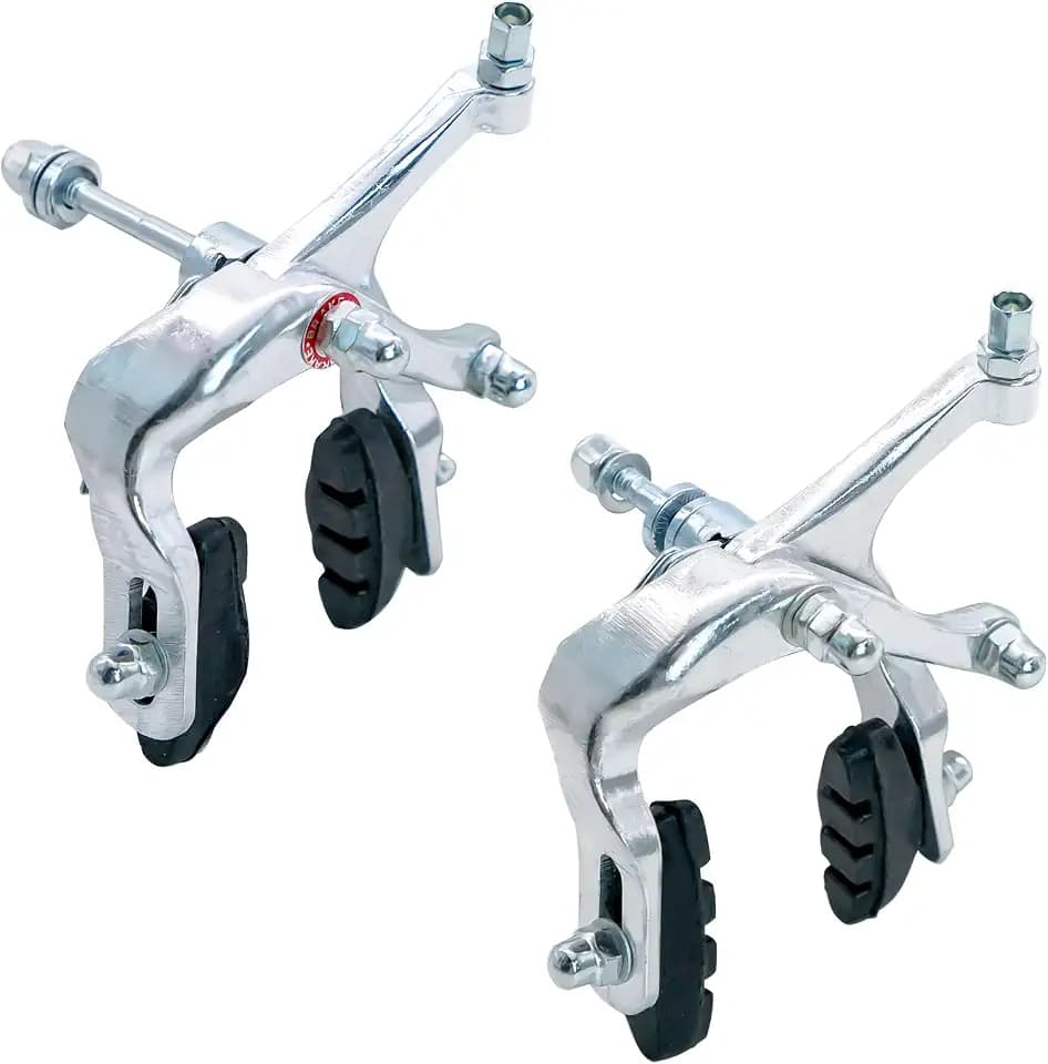 2er Set Caliper-Felgenbremsen Long Reach 47 bis 57 mm aus Aluminium, vorne und hinten, silber, je ca. 210 g, Center-Bolt Befestigungsschraube 80 mm, mit Harz-Bremsbelägen