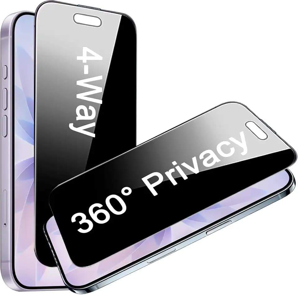 2 Pack 4 Way 360 Degree Privacy Screen Protector for iPhone 16 Pro/iPhone 17, 4 Directions Horizontal and Vertical All Around Anti Spy Tempered Glass Film, Face ID Sensitive