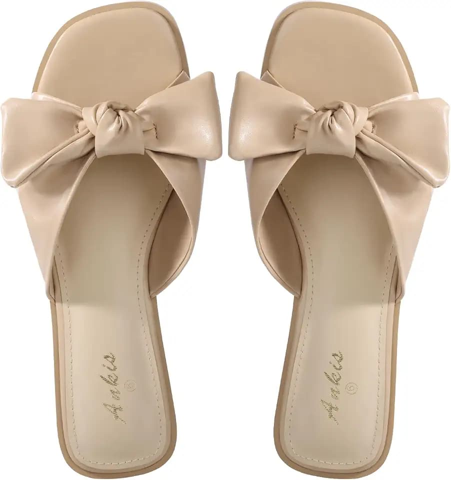 Ankis Women's Bow Flat Sandals, Square Open Toe Dressy Comfortable Slides
