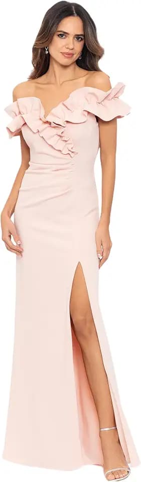 Xscape Womens Long Stretch Scuba Crepe Ruffle Collar Ruched DressSpecial Occasion Dress