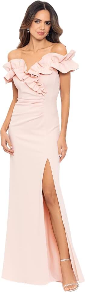 Xscape Womens Long Stretch Scuba Crepe Ruffle Collar Ruched DressSpecial Occasion Dress
