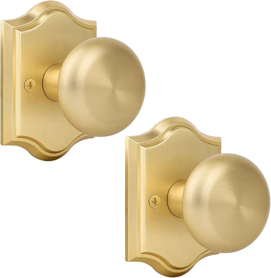 Satin Brass Dummy Door Knob, Brushed Gold Door Knob Bifold Closet Round Dummy Door Handles Non-Turning Single Side, Zinc Alloy, 2 Pack
