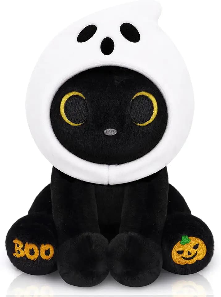 Halloween Cat Stuffed Animal in Ghost Boo Hood- Black Cat Plush