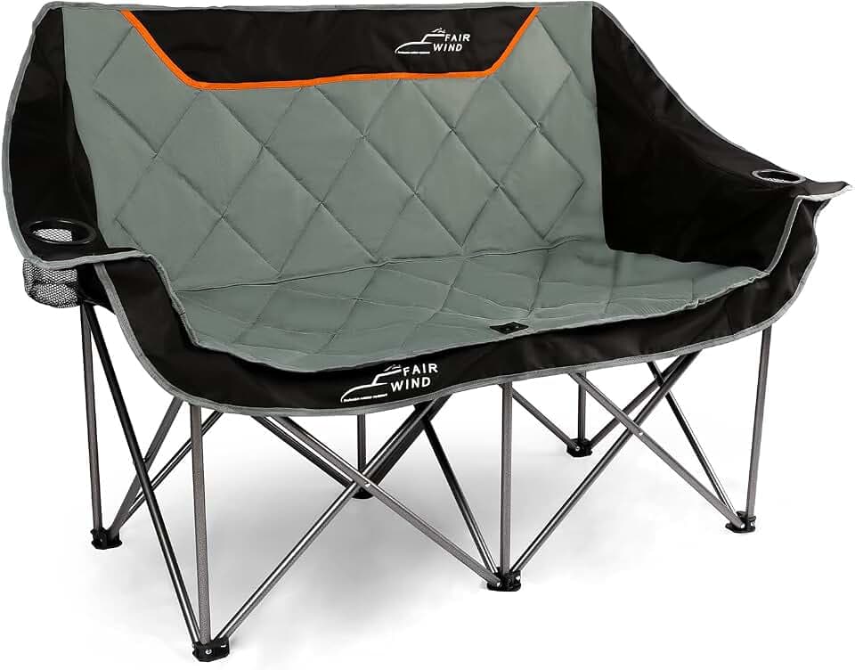 FAIR WIND Oversized Fully Padded Camping Chair Folding Loveseat Camping Couch Double Duo Chair Heavy Duty Quad Fold Arm Chair with Cup Hold - Supports 650 LBS - Black