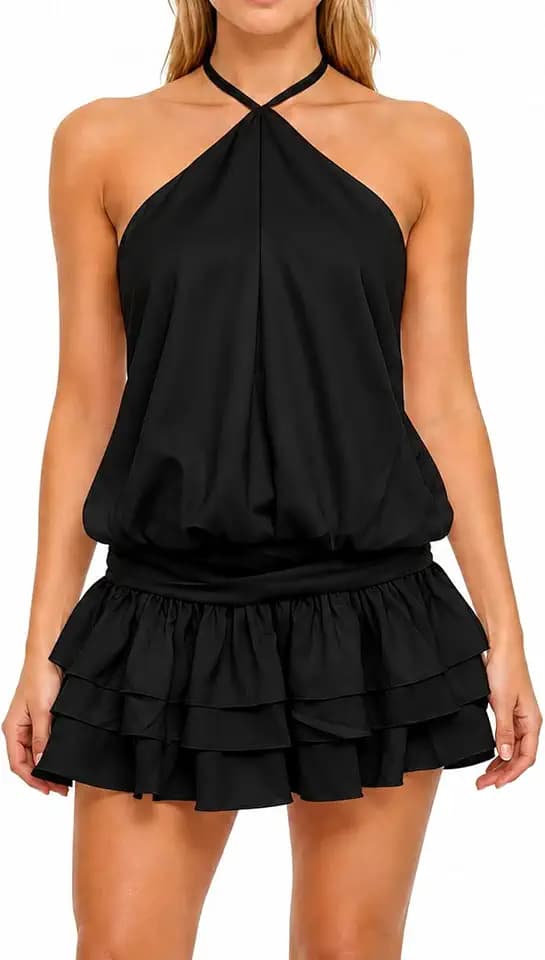 Womens Summer Halter Drop Waist Backless Ruffle Flowy Mini Dress