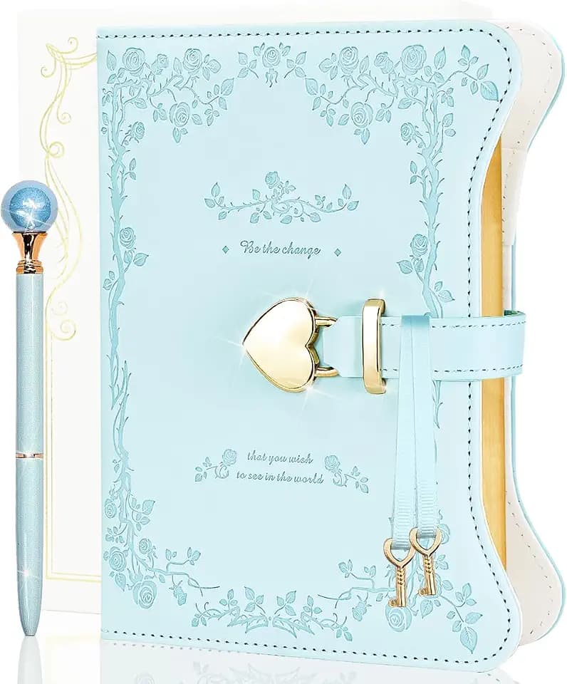 Diary with Lock and Keys for Girls & Women, 360 Pages Journal with Lock for Girls Gift Ideas, Girls Locking Diary with Pen, Cute Journals Set for Teen Girls Ages 8-12 (Rose Garden, Light Blue)