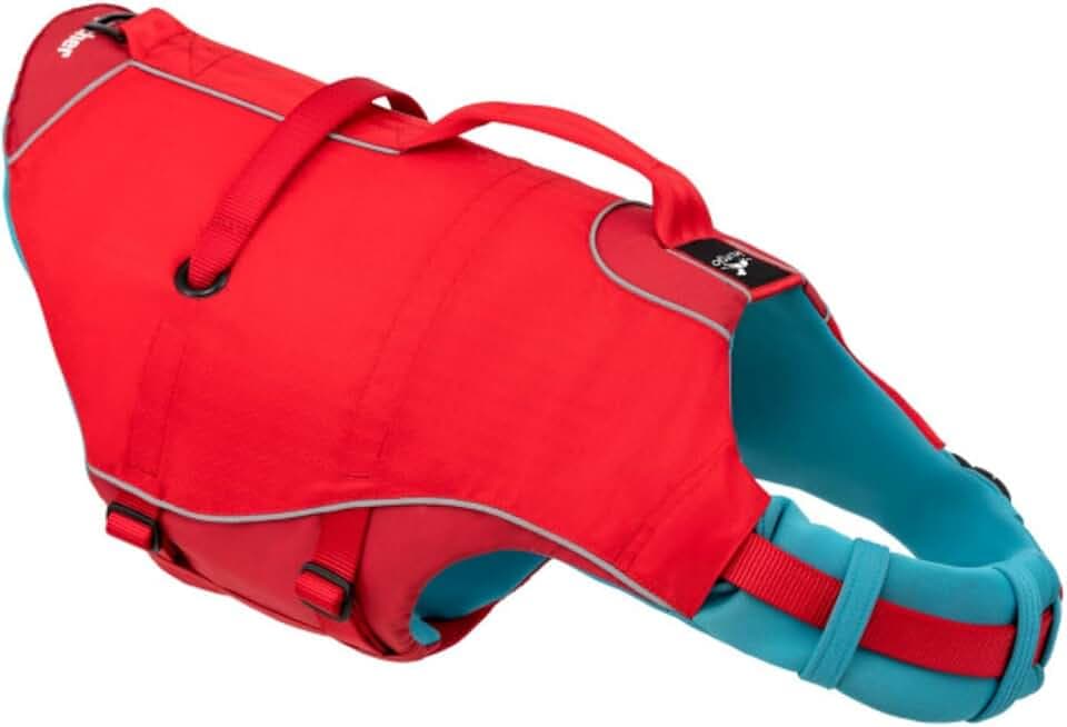 Kurgo Surf N Turf Hundeschwimmweste - Auftriebshilfe für Hunde - Neopren gefütterte Hundeweste - Reflektierendes Ripstop Material - Sicherer Sitz - Alte Verpackung - Rot/Blau - M