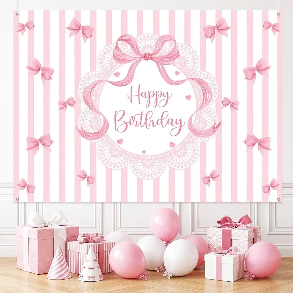 AIBIIN 7x5ftHappy Birthday Backdrop Pink Coquette Bow Background White Lace with Bow Girl Decorations Coquette Sweet Birthday Decor for Party Supplies Photo Booth Props