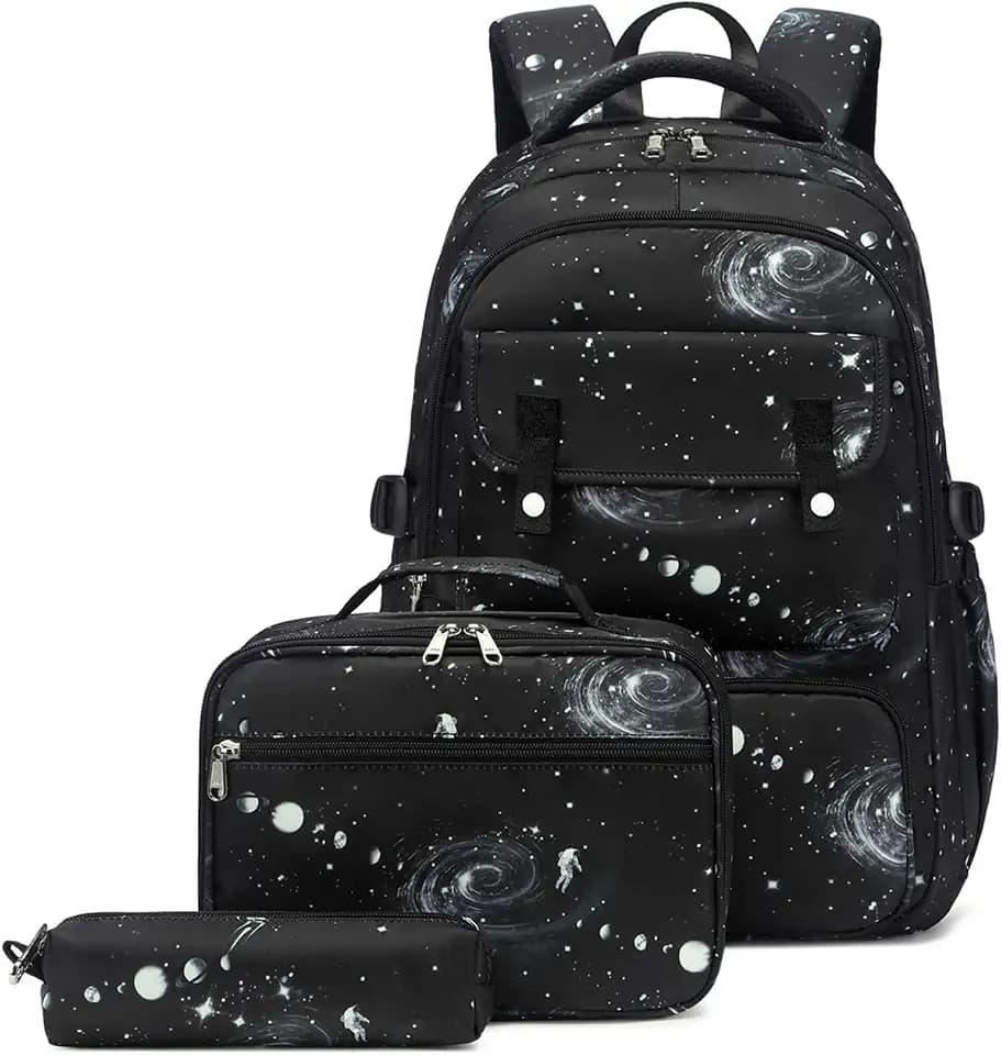 Mildame Galaxy Backpack for Boys with Lunch Box Set, 3Pcs Boys Bookbag for Elementary, 3 in 1 Teens Space Printed School Bag
