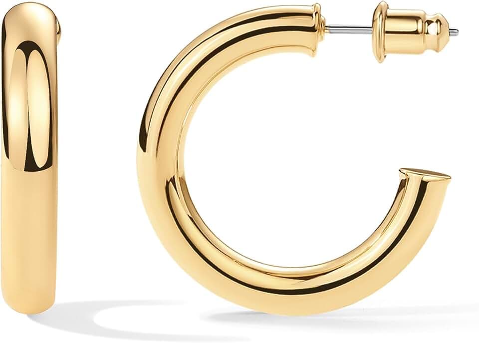 PAVOI Chunky Gold Hoop Earrings for Women, Lightweight 14K Gold Plated