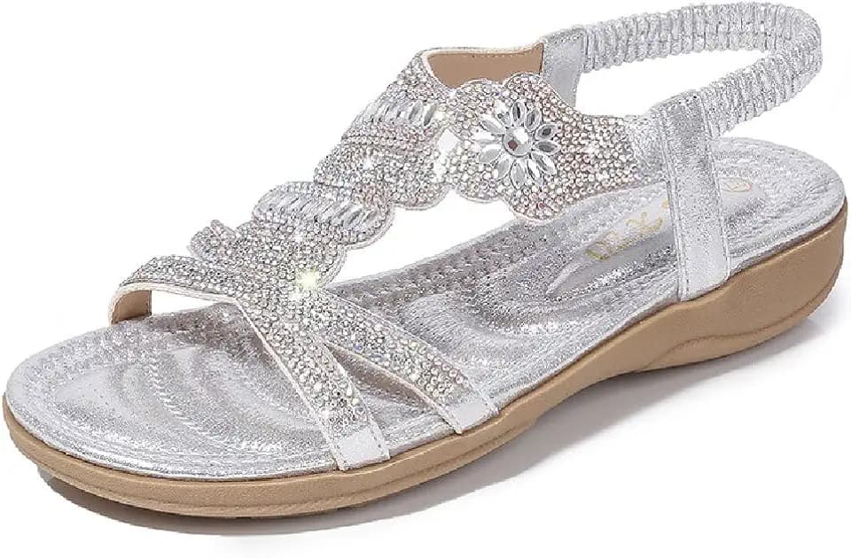 DKCHENH Rhinestone Sandals for Women Flat - Trendy Sparkling Boho Ladies' Flat Sandals,Beautiful Sparkling Boho Ladies' Flat Shoe for Summer.