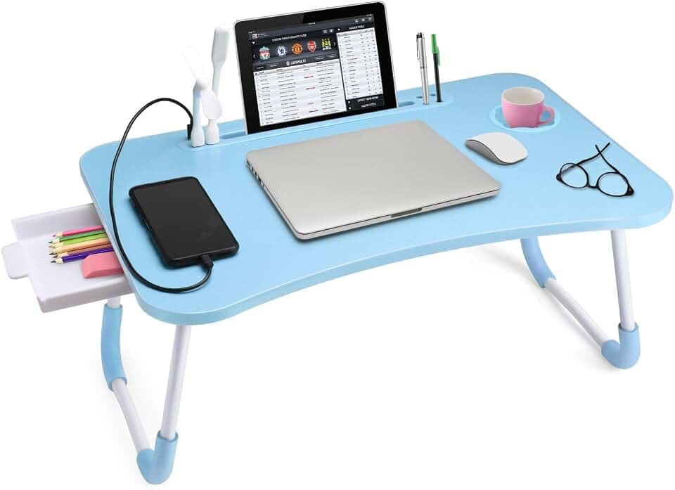 Slendor Bed Desk for Laptop and Writing with Storage, Cup Holder, Light
