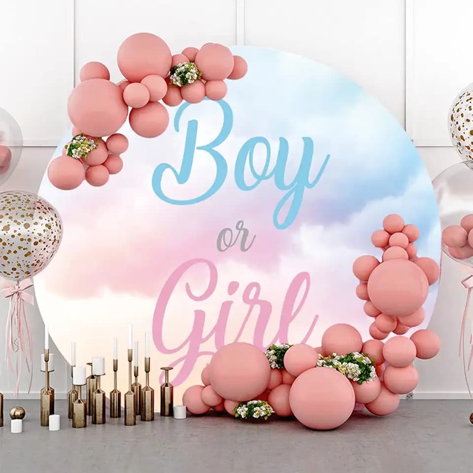 YongFoto 6x6ft Boy Or Girl Gender Reveal Round Backdrop Cover Blue Pink Clouds Baby Shower Circle Background for Photography Dreamy He Or She Gender Reveal Party Cake Table Banner Kids Photo
