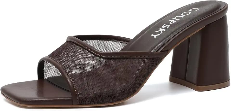 Women's Chunky Heel Mules Slip On Square Open Toe Mesh Sandals Summer Dressy Block Heeled Shoes for Vacation Party Wedding