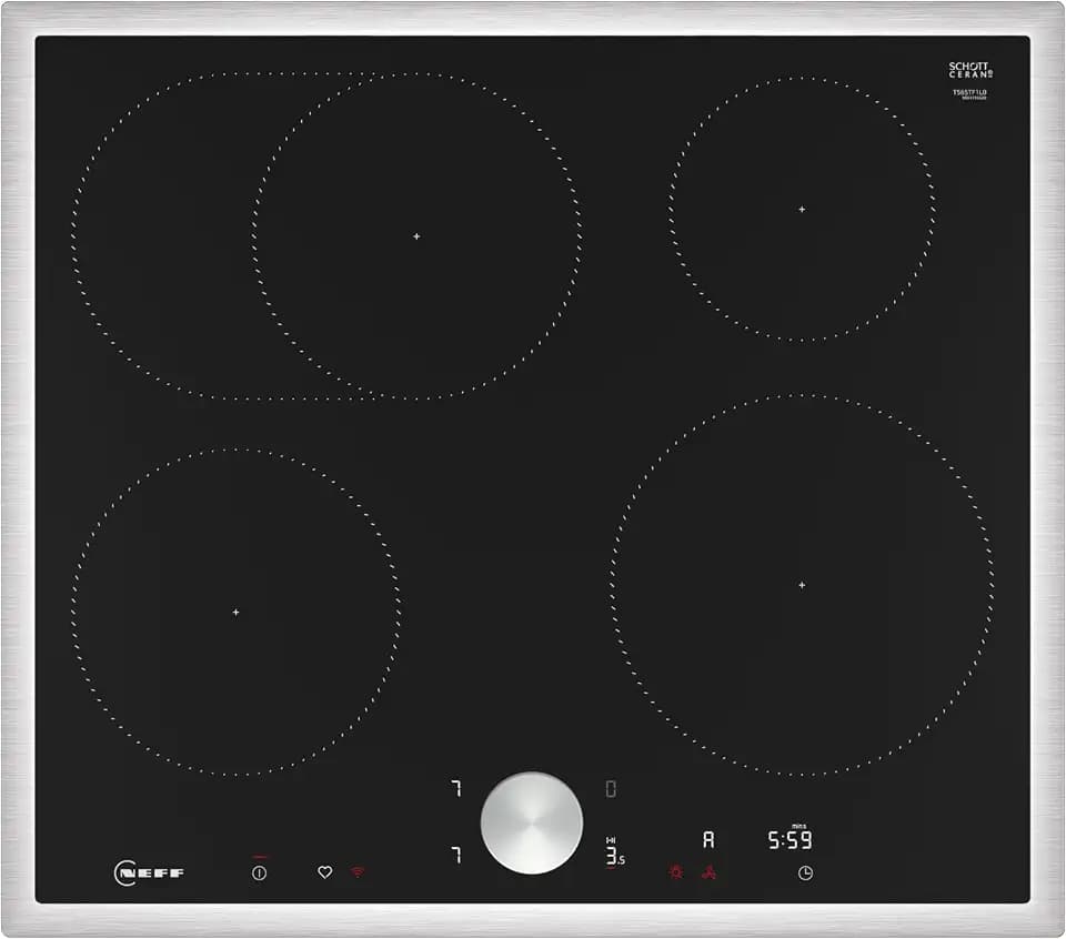 NEFF T56STF1L0 N90, Induktionskochfeld 60 cm, autarkes Glaskeramik-Kochfeld, Twist Pad, Smart Hood Automatic - Intelligente Abzugsautomatik, Powerstufe, Home Connect, Edelstahlrahmen, Schwarz