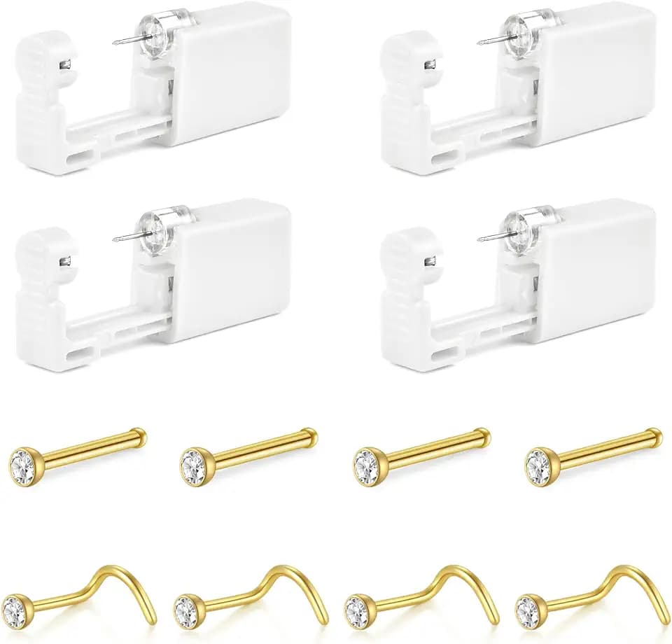 AceFun Nose Piercing Kit,4 Pack Self Nose Piercing Gun Silver Gold Disposable Safety Nose Percinging Kit with Silver Nose Rings Stud Nose Piercings Gun Kit Tool