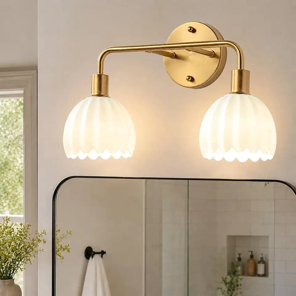 Gold Bathroom Light Fixtures Over Mirror,2-Light Vanity Lights for Bathroom,Brass Gold Vanity Light with White Tulip Glass Flower Shade,E26 Base