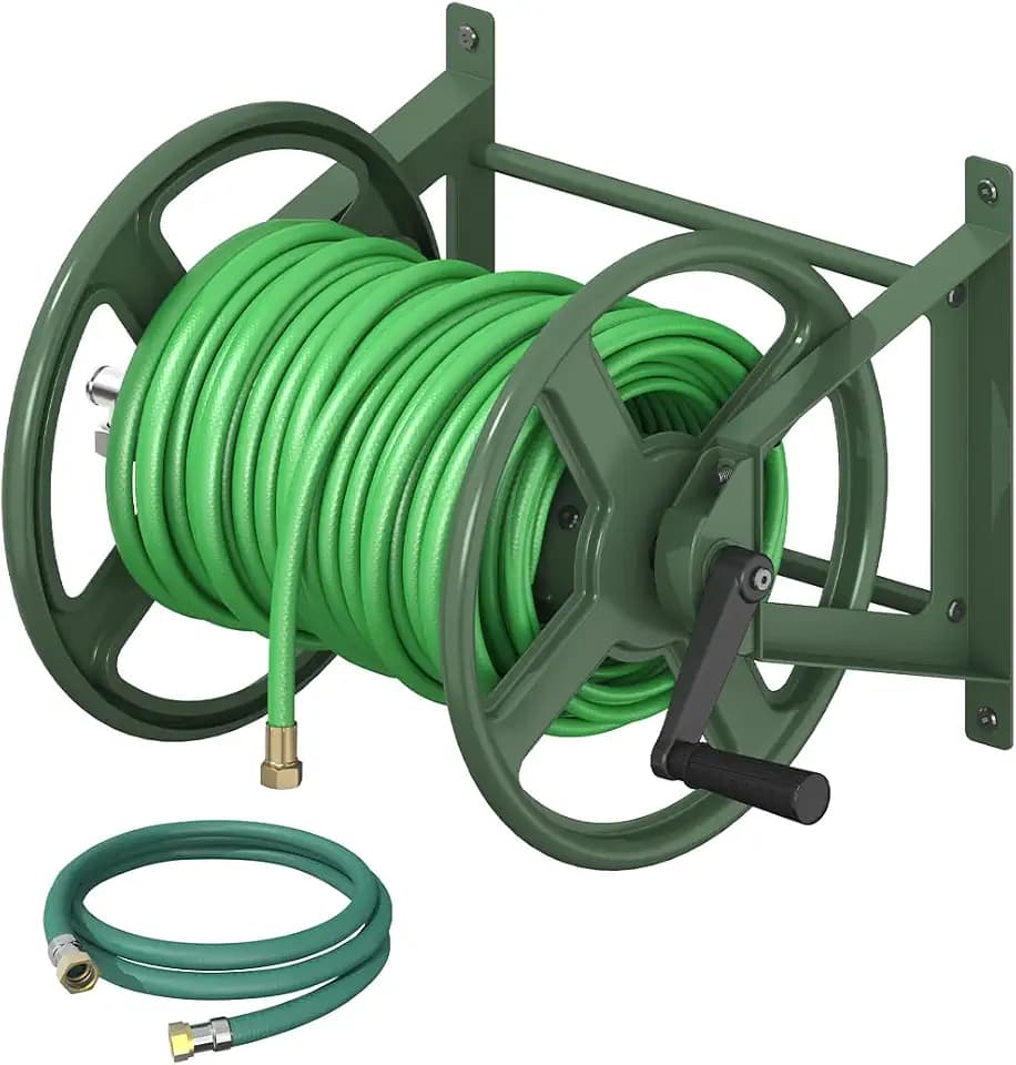 Garden Hose Reel Wall Mounted, Heavy-Duty Water Hose Holder Winder with 3.9 ft Leader Hose & Brass Fitting, Hose Hanger Storage Rack Holds 125-Feet of, 5/8-Inch, for Yard Lawn Farm, Green