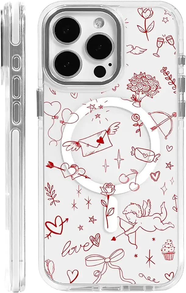 for iPhone 14 Pro Case [Compatible with Magsafe],Girls Women Clear Magnetic Case Silicone Shockproof Protective Cover with Pattern Love Angel Strawberry Bow