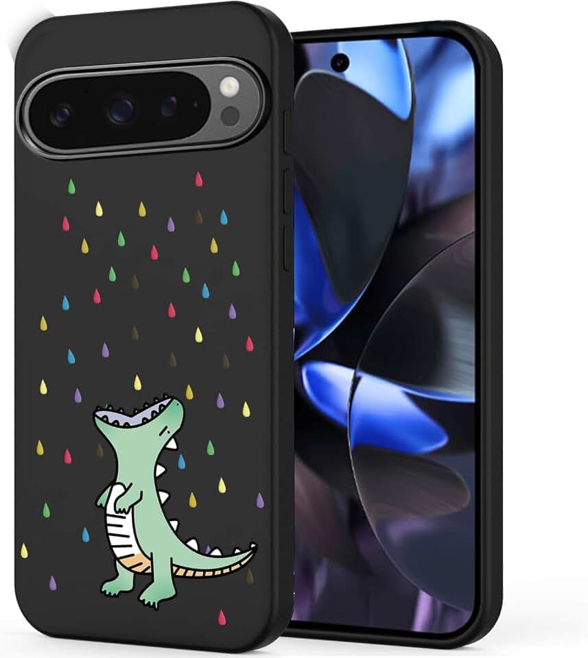 Unov Hülle für Pixel 9/9 Pro, Hülle Schwarz mit Motiv, Regenbogen Dinosaurier