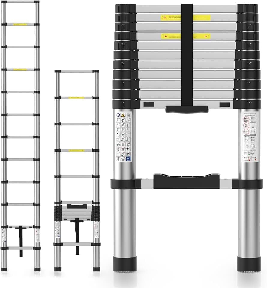 Telescoping Ladder, 12FT Aluminum Extension Ladder, One-Button Retraction Anti-Pinch, Heavy Duty 330LBS Capacity, for Home, Attic, Roof, RV