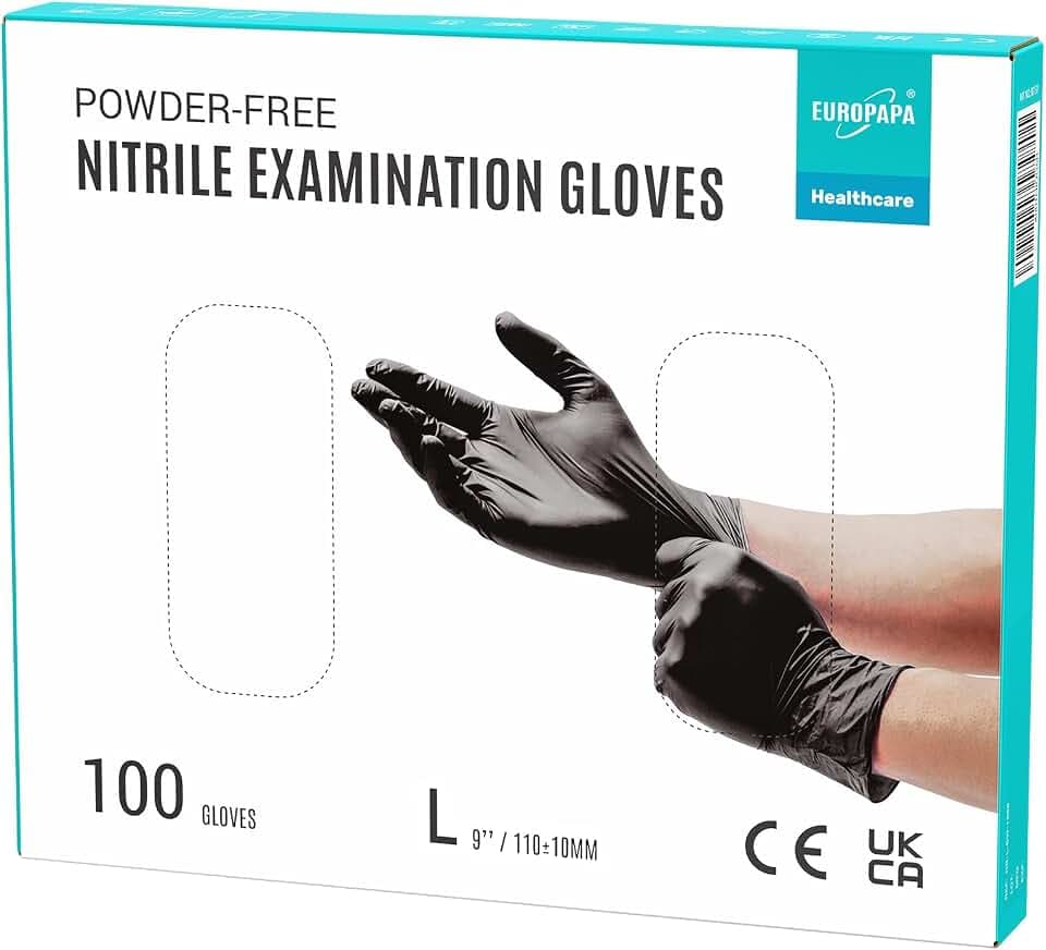 EUROPAPA 100x Nitrilhandschuhe Box Einweghandschuhe, Einmalhandschuhe, Untersuchungshandschuhe, Nitril Handschuhe, puderfrei, ohne Latex, unsteril, latexfrei, disposible gloves (L, Schwarz)