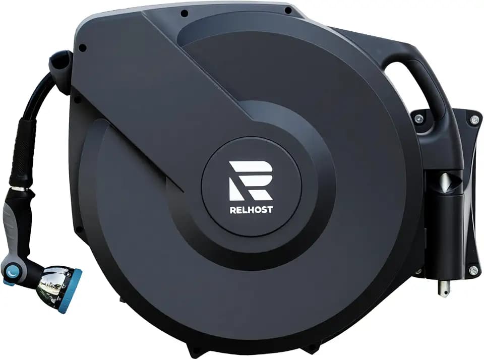 Relhost Retractable Garden Hose Reel, 1/2 in x 150 ft Wall Mount Heavy Duty Hose Reel with Any-Length Lock, Auto Rewind System, 180° Swivel Bracket, and 10-Pattern Nozzle for Garden, Dark Grey