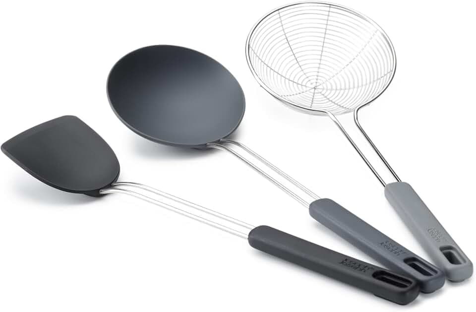 Joseph Joseph Nest Fusion 3-teiliges Silikon Edelstahl Wok Zubehör Set, Pfannenwender, Löffel und Skimmer, Hitzebeständig, Antihaftbeschichtet Koch Utensilien