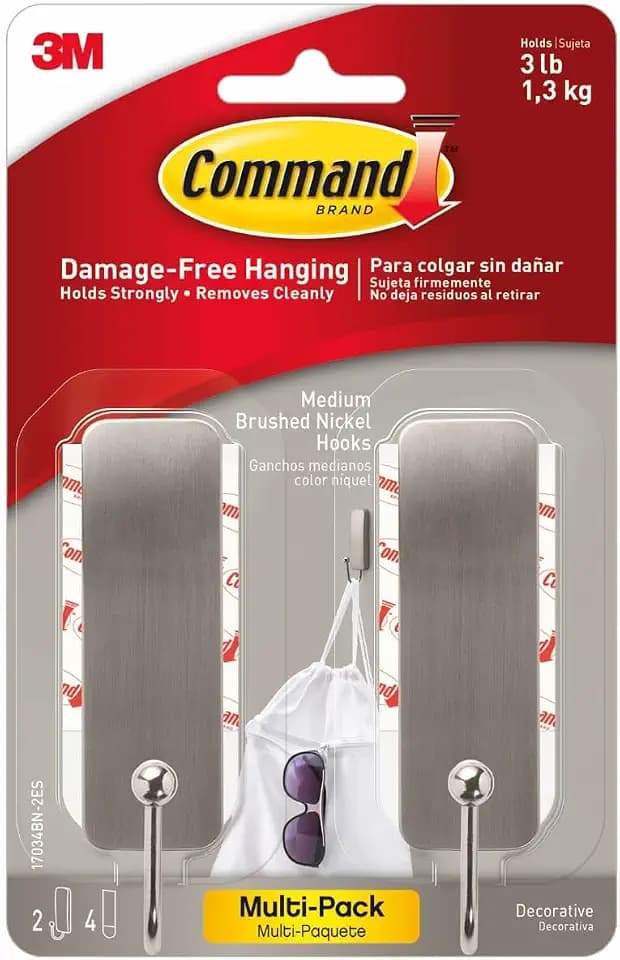Command Medium Brushed Nickel Hooks, 2 Hooks, 4 Strips