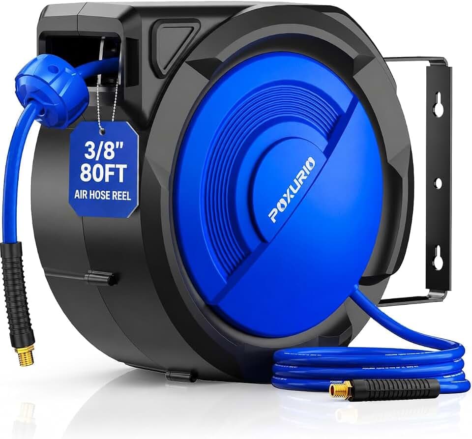 80FT+6.5FT Retractable Air Hose Reel, 3/8" Hybrid Air Hose, Air Compressor Hose Reel with Max 300 PSI Patented Design, Retractable Auto-Rewind Enclosed Heavy Duty 180° Swivel Mount