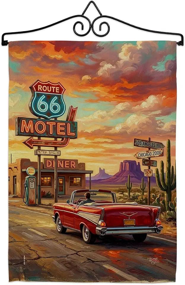 Route 66 Desert Motel Flag Hanger Kit Textile Wall Decor Canvas Home 100 Years Map Historic American Bandera de USA Vintage Poster Patriotic Garden Yard Sign Americana Decoration Gift
