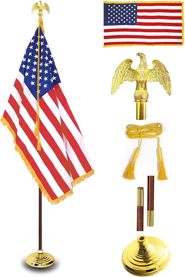 ANLEY 8 Ft Presidential Deluxe Indoor American Flag Pole Set - 8' Oak Pole, Gold Fringed US National Flag, Stand, Cord Tassel and Eagle Top Ornament for Offices, Schools & Auditoriums 8 Foot High