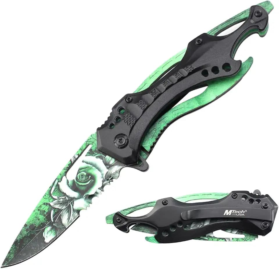 MTECH USA Folding Knife, 3.75-Inch Half-Serrated Blade, Titanium Coating, Glass Breaker, Pocket Clip