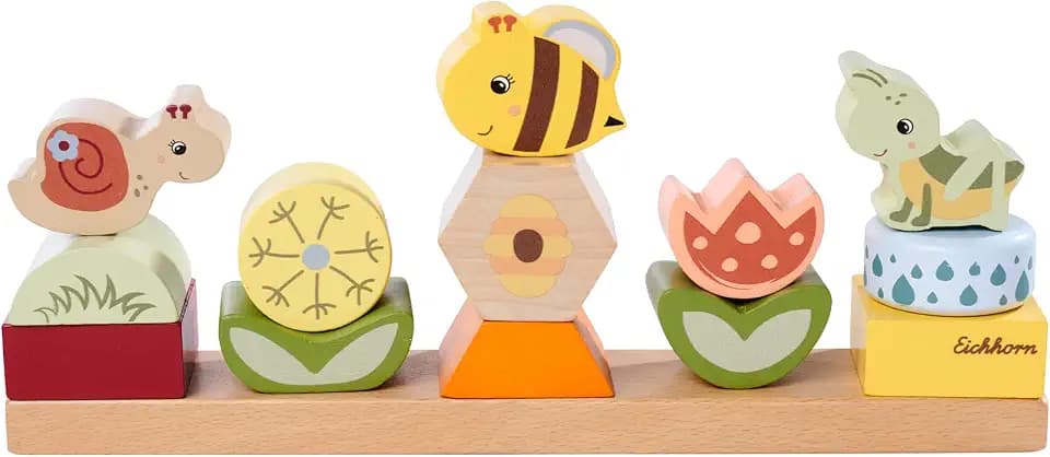 Eichhorn – Steckspiel Blumenleiste mit 13 einzigartigen Tier und Blumen Bausteinen zum Aufstecken, motorische Fähigkeiten fördern, Länge: 26 cm, aus 100% FSC zertifiziertem Buchenholz, ab 2 Jahren