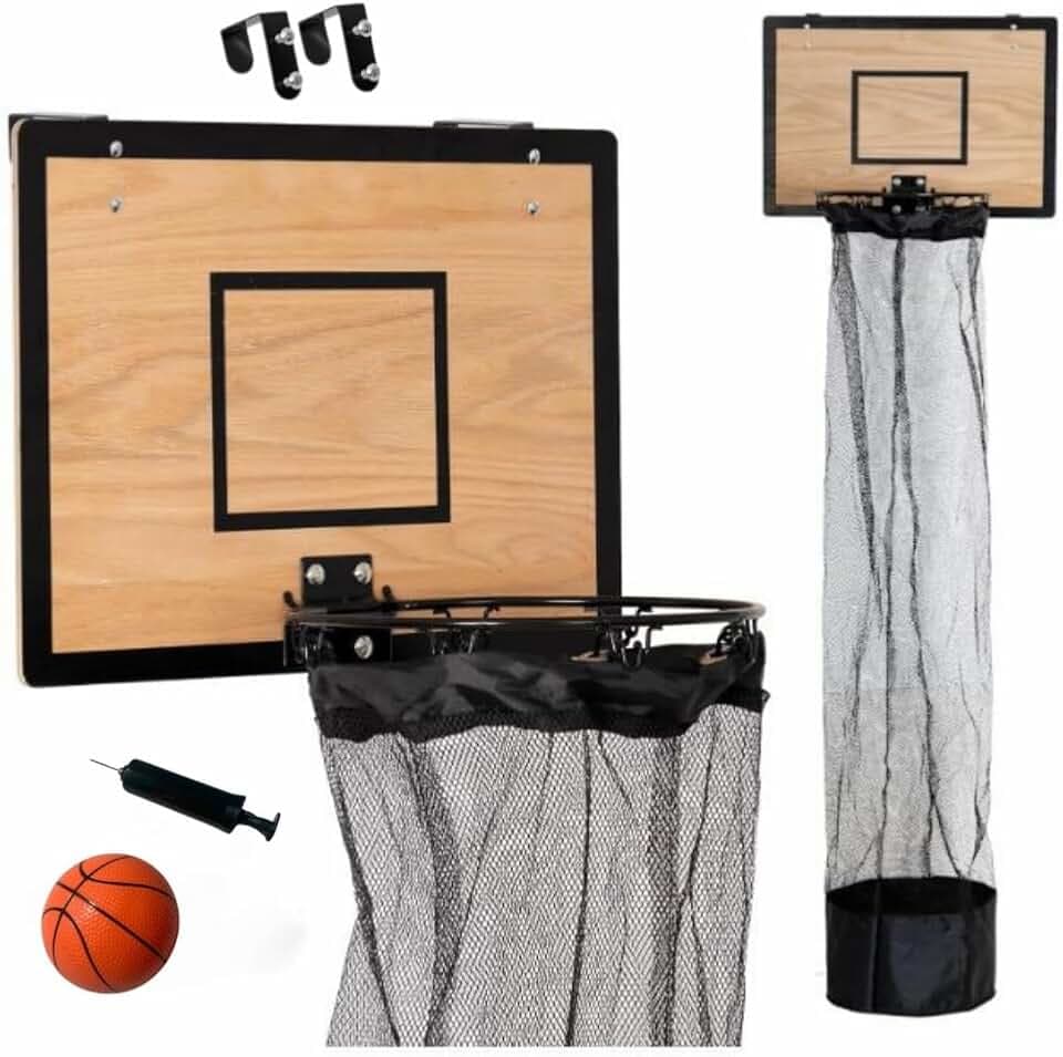 Générique TheDunk Holz-Basketballkorb für Schmutzwäsche, Wand und Tür, mit abnehmbarem Beutel, Ball und Luftpumpe, Basketballspiele zum Sammeln von Schmutzwäsche, Geschenk für Kinder und Erwachsene