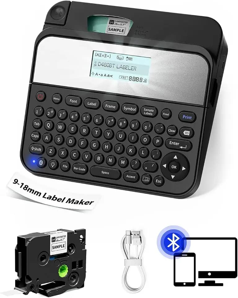 D480BT Label Maker Machine with-Tape 18mm 3/4 Inch, Large Print Label Maker Rechargeable, Print 9mm 12mm 18mm Labels-Waterproof, Bluetooth Labeler Support Keyboard & App, for Home Office Warehouse