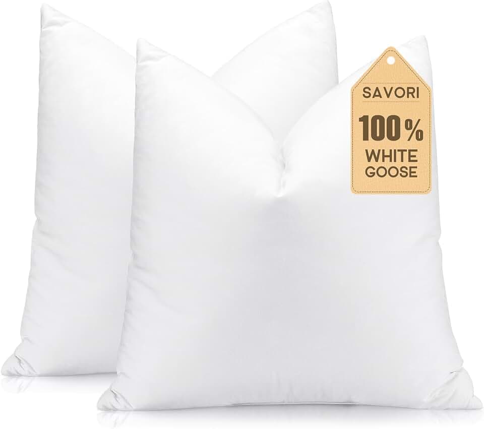 SAVORI Set of 2 Down and Feather Throw Pillow Inserts 18x18 Soft Fluffy Pillow Inserts with 100% Down-Proof Cotton Cover, Decorative Square Cushion Inner for Sofa Couch Bed-White