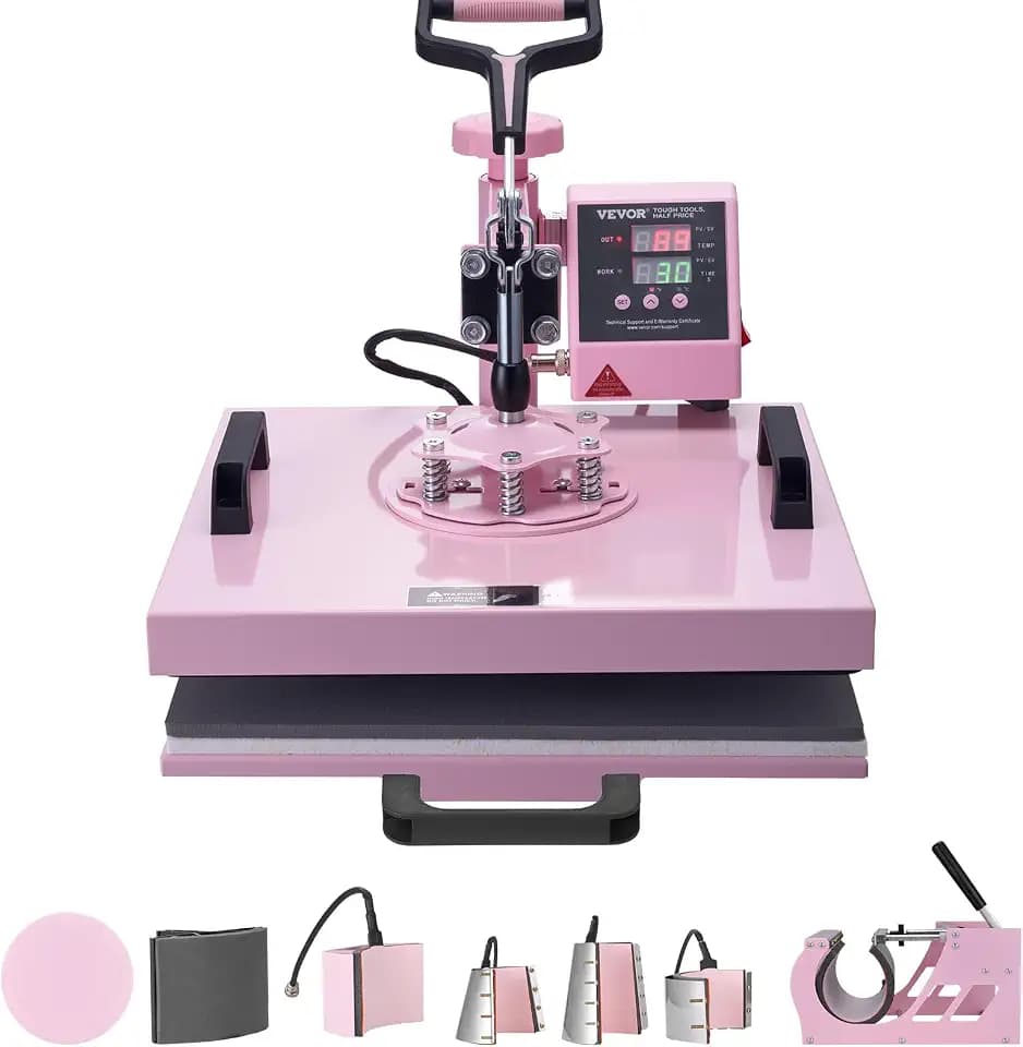 VEVOR Hitzepresse Transferpresse, 38 x 38 cm, 8-in-1 Wärmeübertragungsmaschine mit 6-30 oz Tumblerpresse, 360° Schwenkbares T-Shirt-Pressen, Digitale Präzisionssteuerung, für T-Shirts/Tassen, Rosa